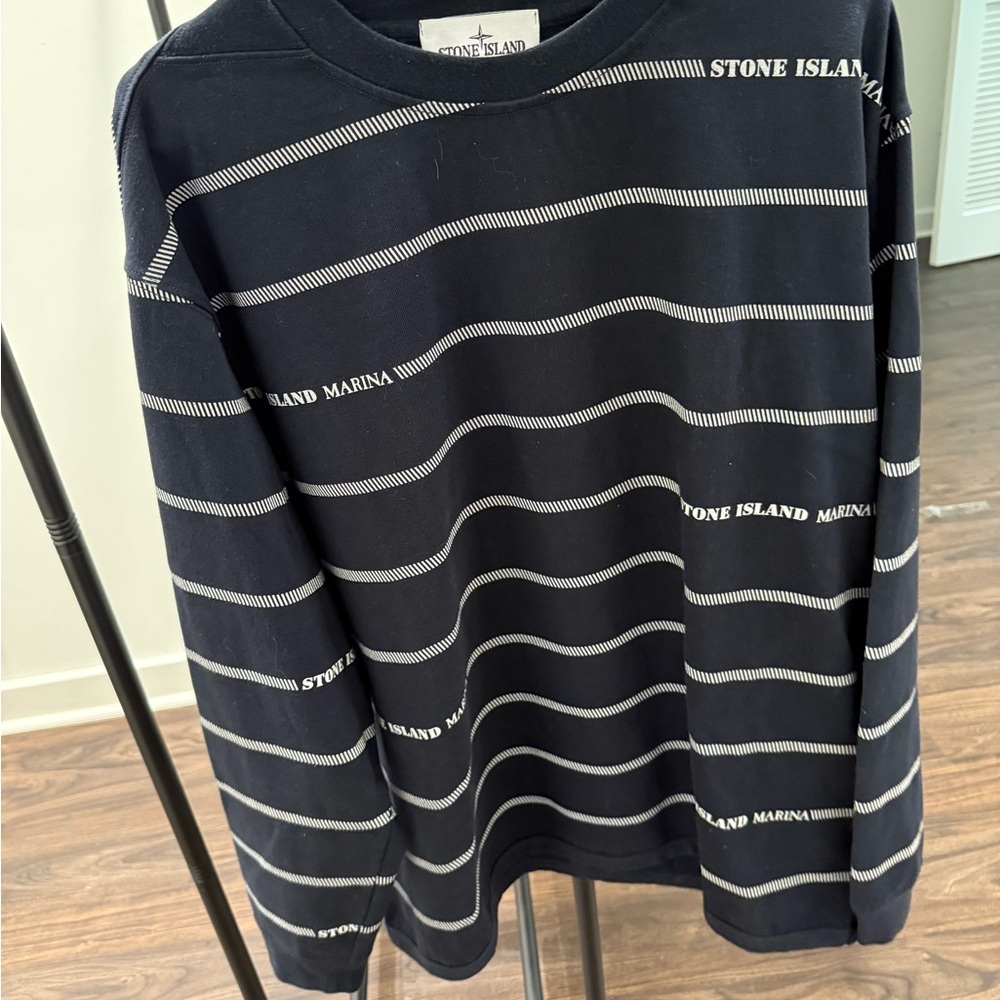 Stone Island Navy and White Striped Top